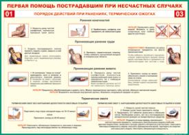 Таблица "Порядок действий при ранениях и термических ожогах" (100х140 сантиметров, винил) - fgospostavki.ru - Артём